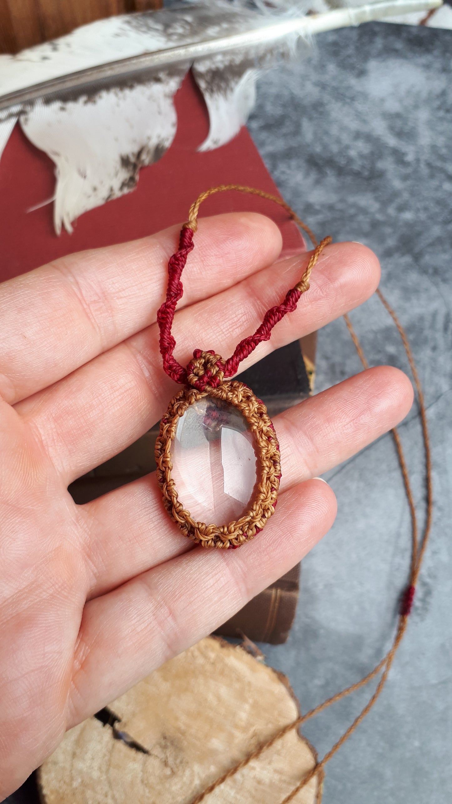 Makramee Kette mit klaren Bergkristall