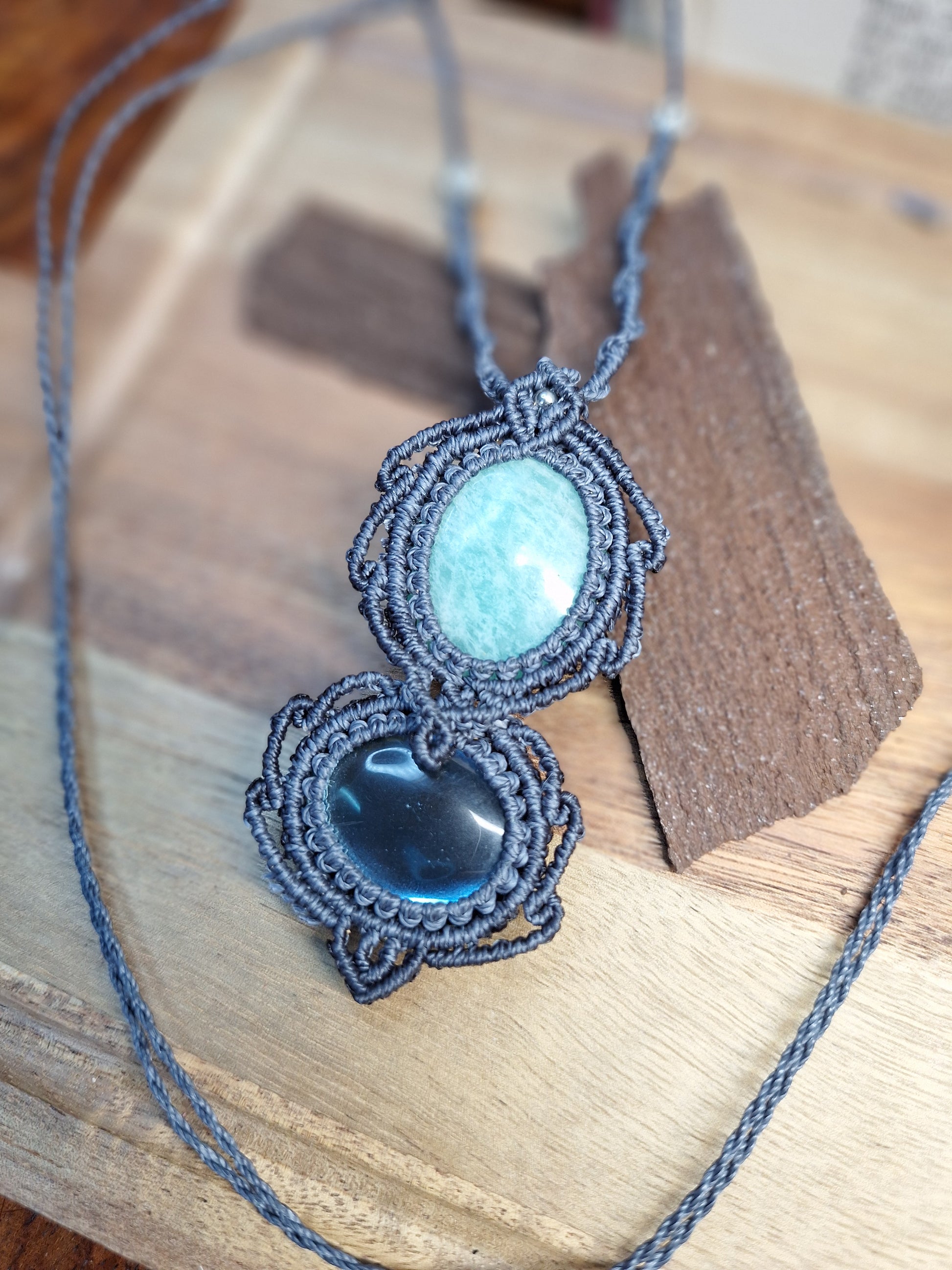 Makramee Kette mit Amazonit und Aura Quarz5